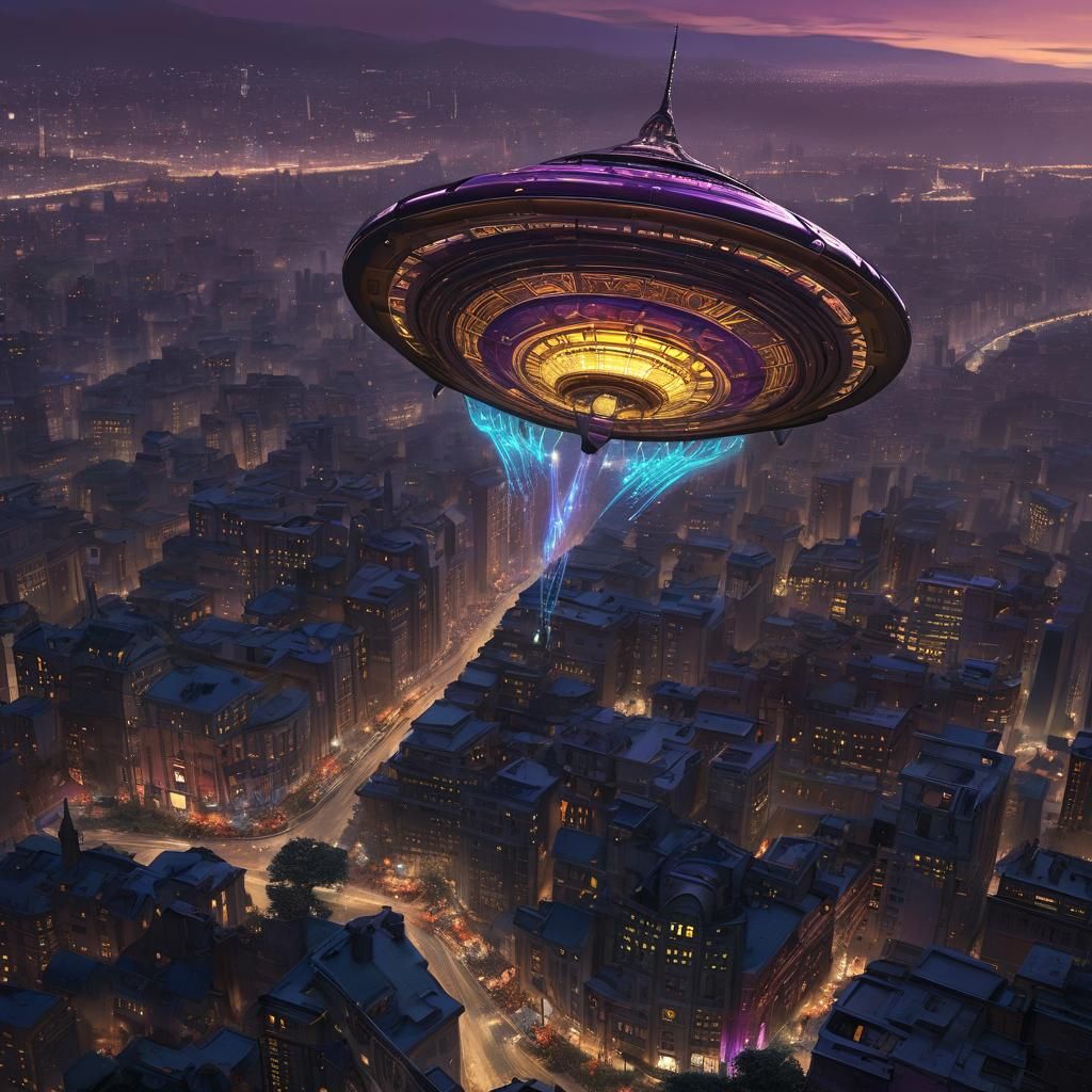 Flying Saucer Visits Futuristic Cityscape: Dark Fantasy Art