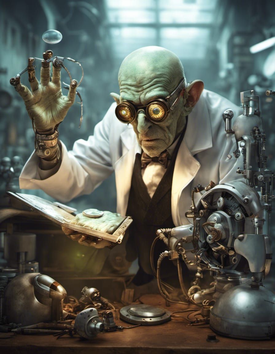 Goblin Doctor with Cybernetic Implants in Futuristic Style