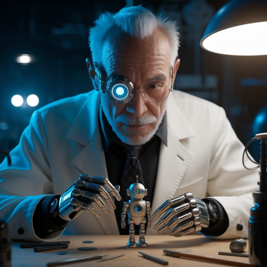 Cyberpunk Clock Maker Works on Tiny Robot in Vibrant Colors