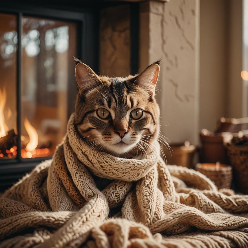 Cozy Cat in Scarf Near Fireplace: Film Still