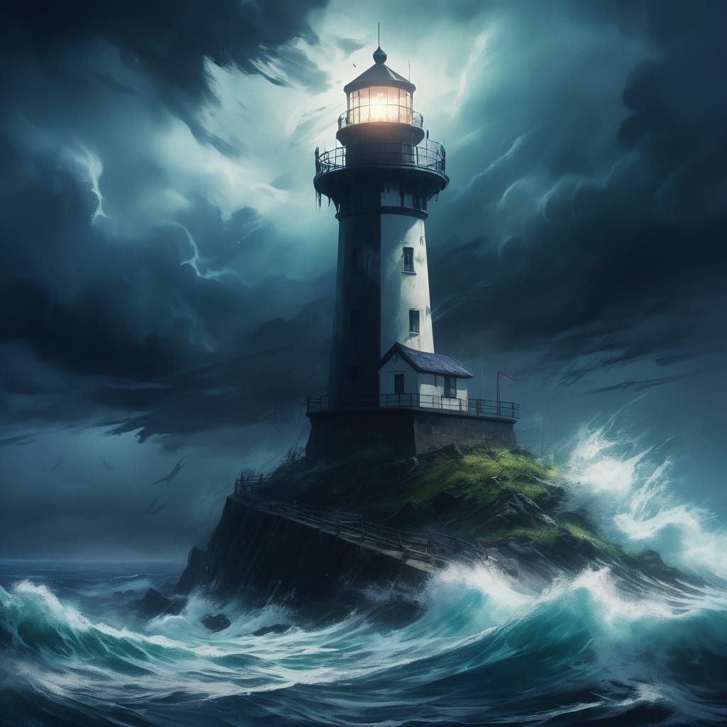 Lighthouse in Hurricane: Oil Painting in Tokyo Ghoul Style