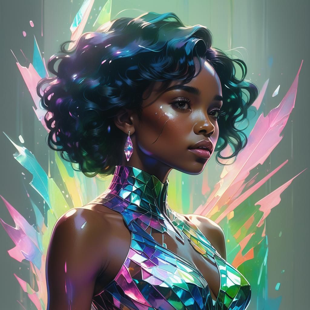 Ebony Woman with Iridescent Scales in Neon Crayon Art