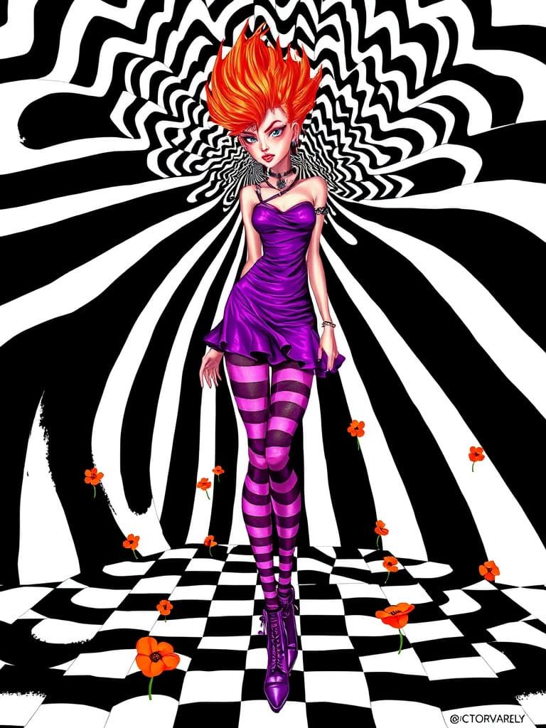 Goth-Punk Woman with Spiked Hair in Op Art Style