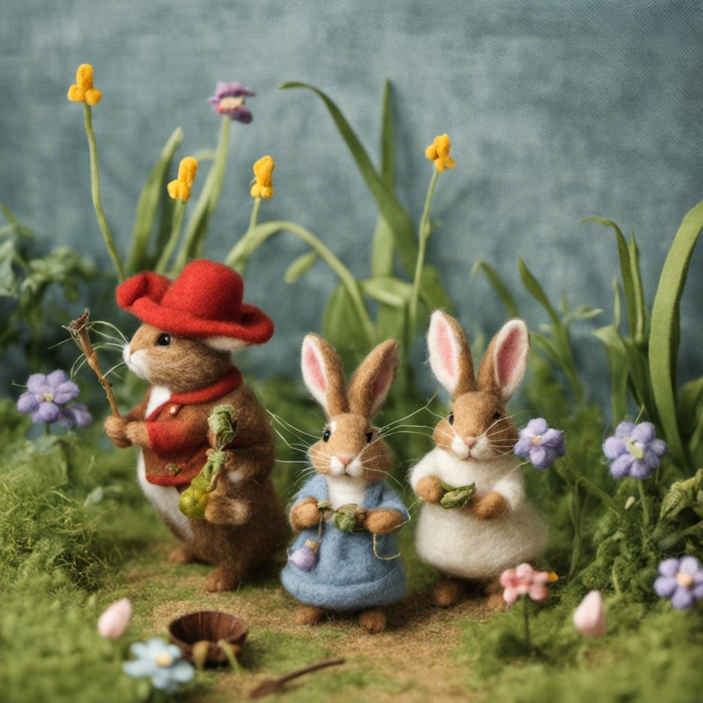 Needle-Felted Rabbit Family Gardening