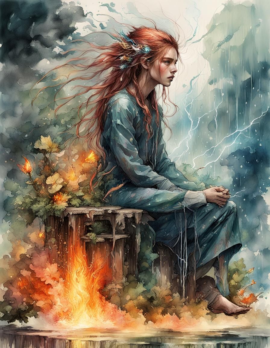 Elemental Humanoid on Flora Throne, Watercolor Art
