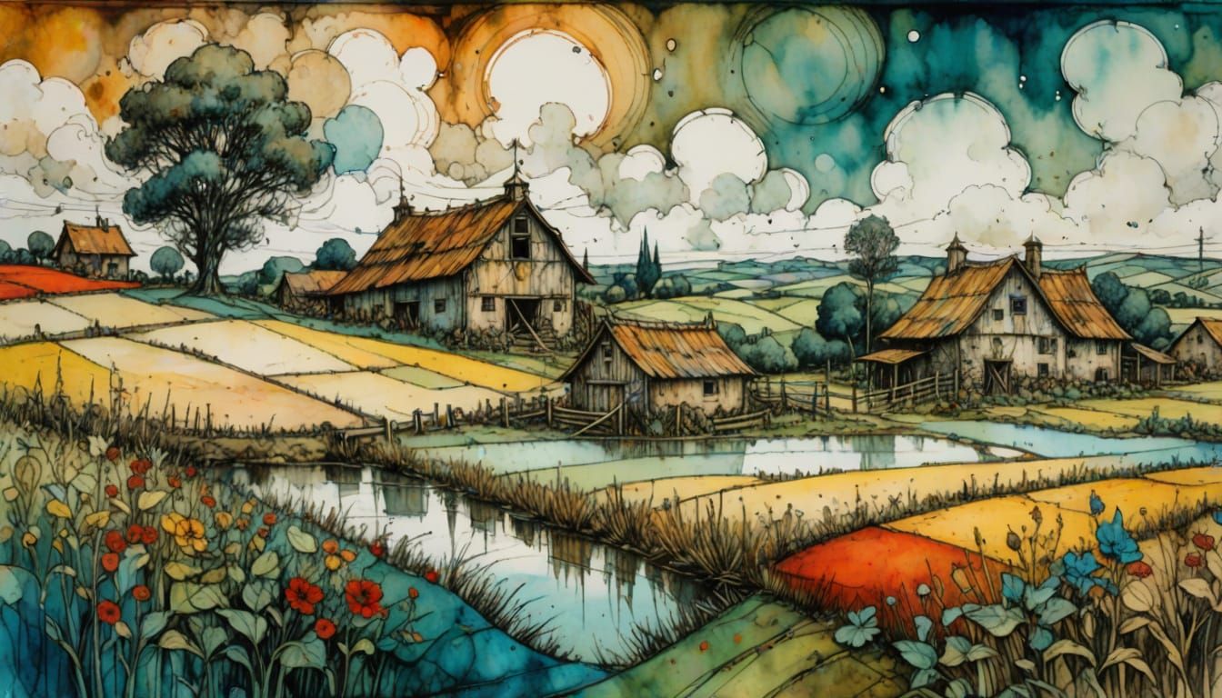 Whimsical Farm Scene in Vibrant Complementary Colors