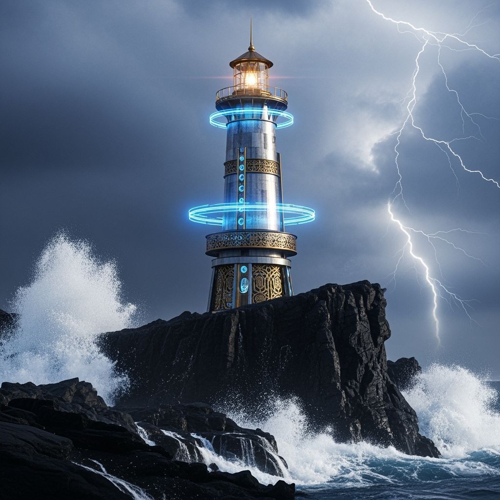 Futuristic Lighthouse with Volcanic Cliff in Cyber-Steampunk...