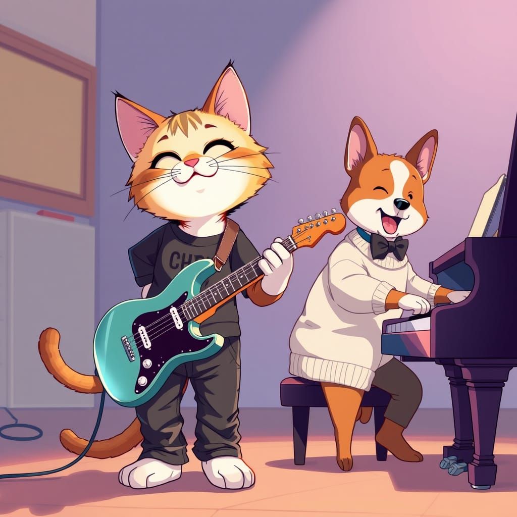 Anime Cat Guitarist and Dog Pianist in Concert