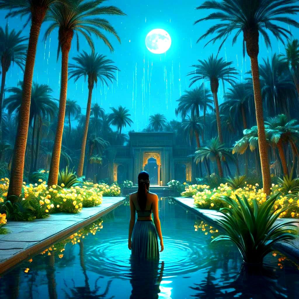 Ishtar in Moonlit Oasis: Tranquil 3D Render