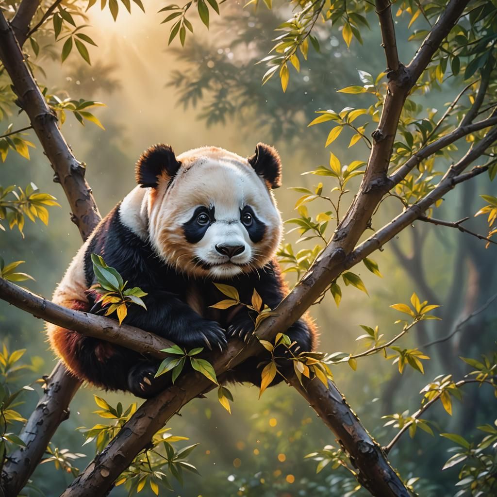 Panda in Tree: Hyper-Realistic Digital Art