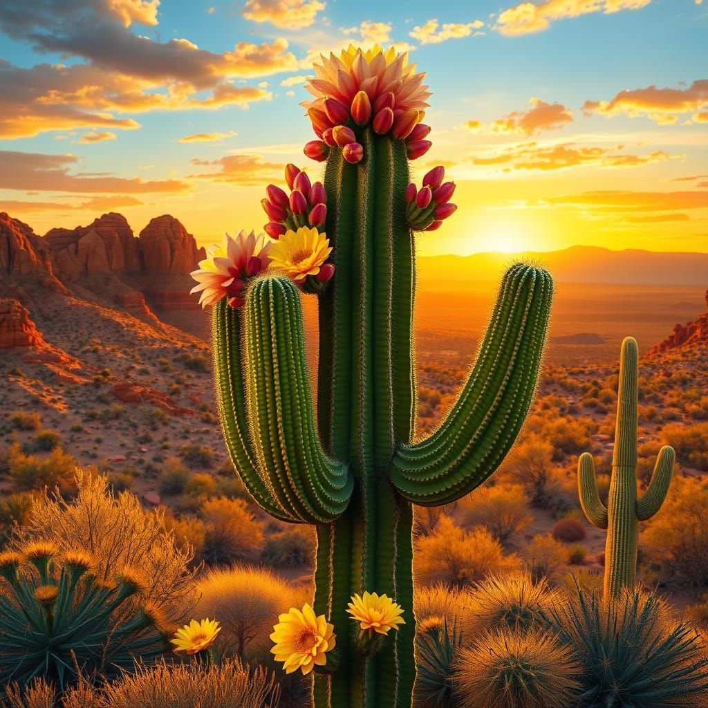Saguaro Cactus Blooms in Arizona Desert Landscape