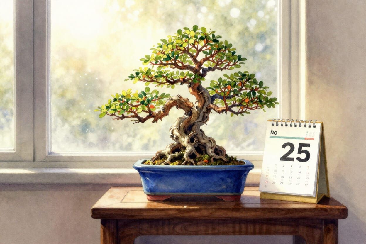 Dwarf Oak Bonsai by Window in Watercolor Style