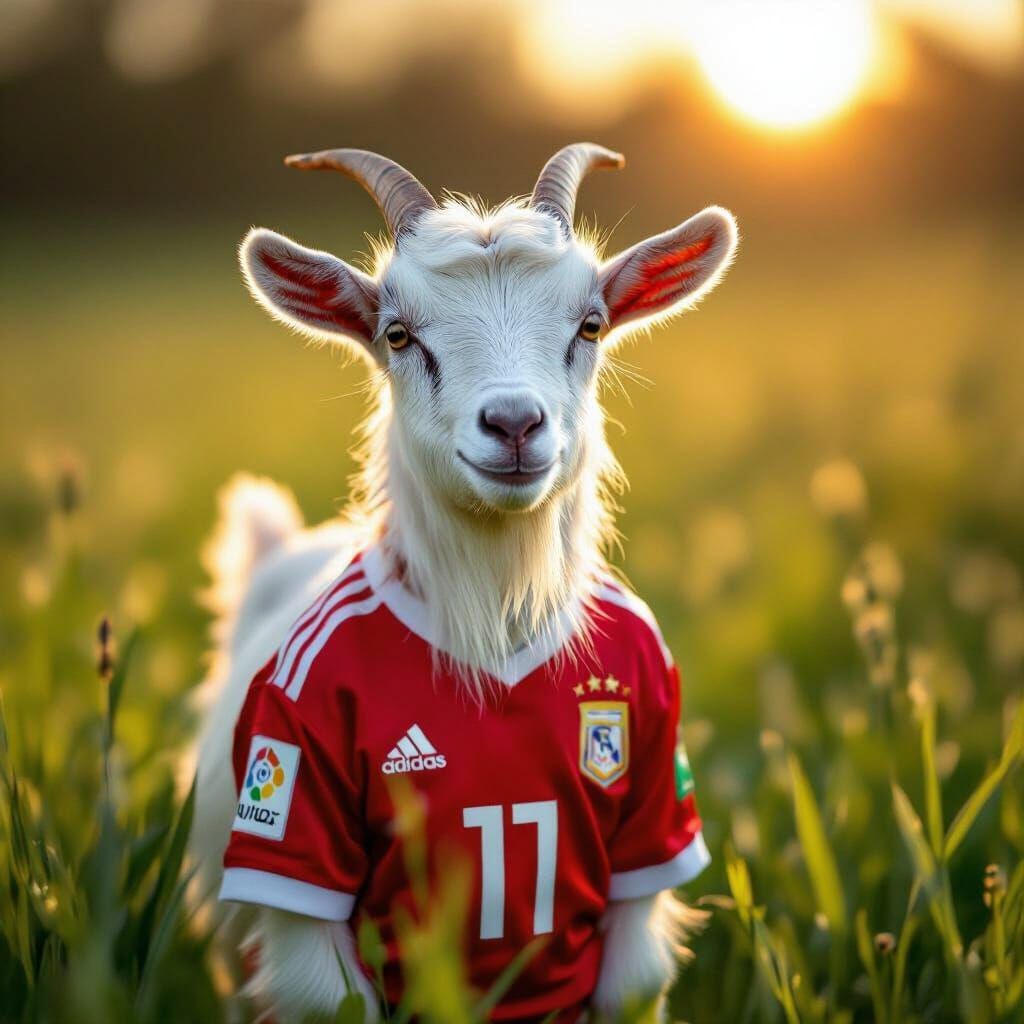 Goat in Ronaldo Jersey in Sunlit Meadow