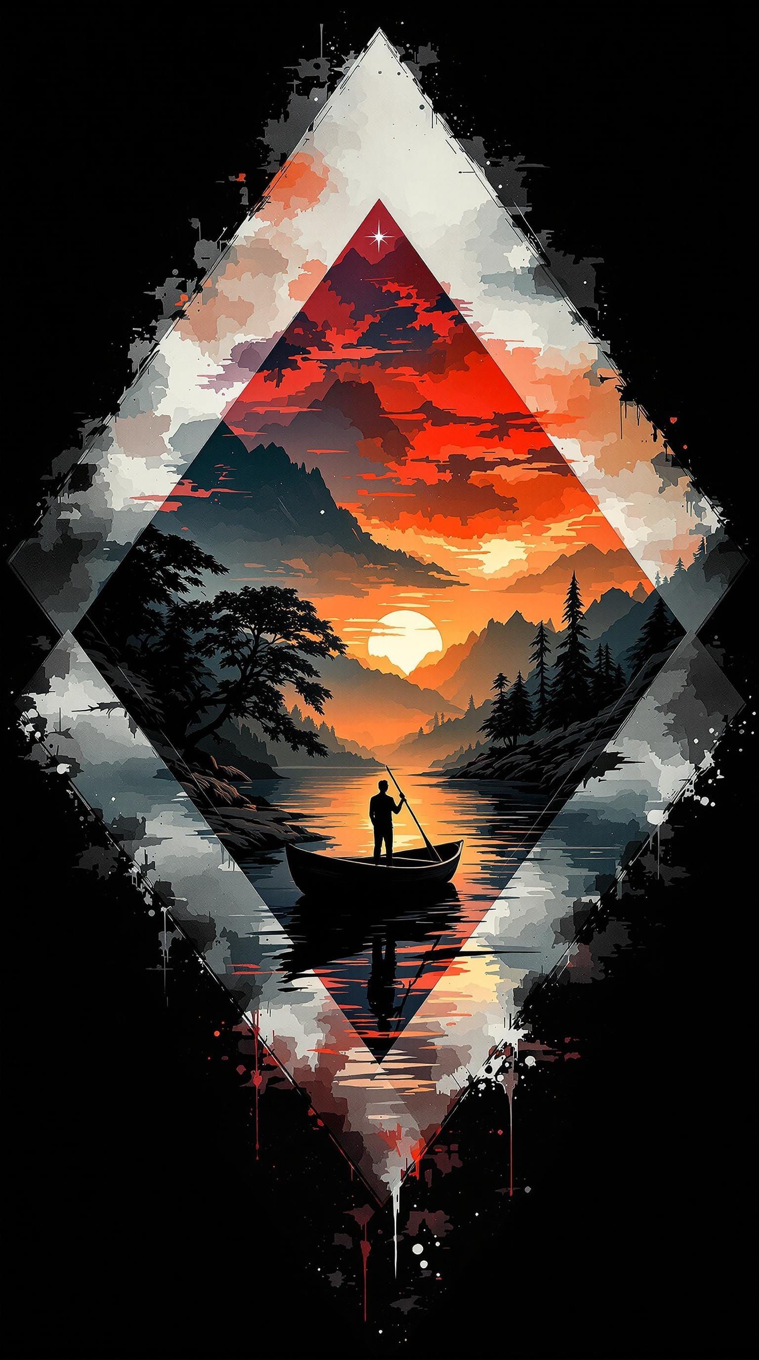 Epic Sunset Watercolor Masterpiece with Geometric Rhombus