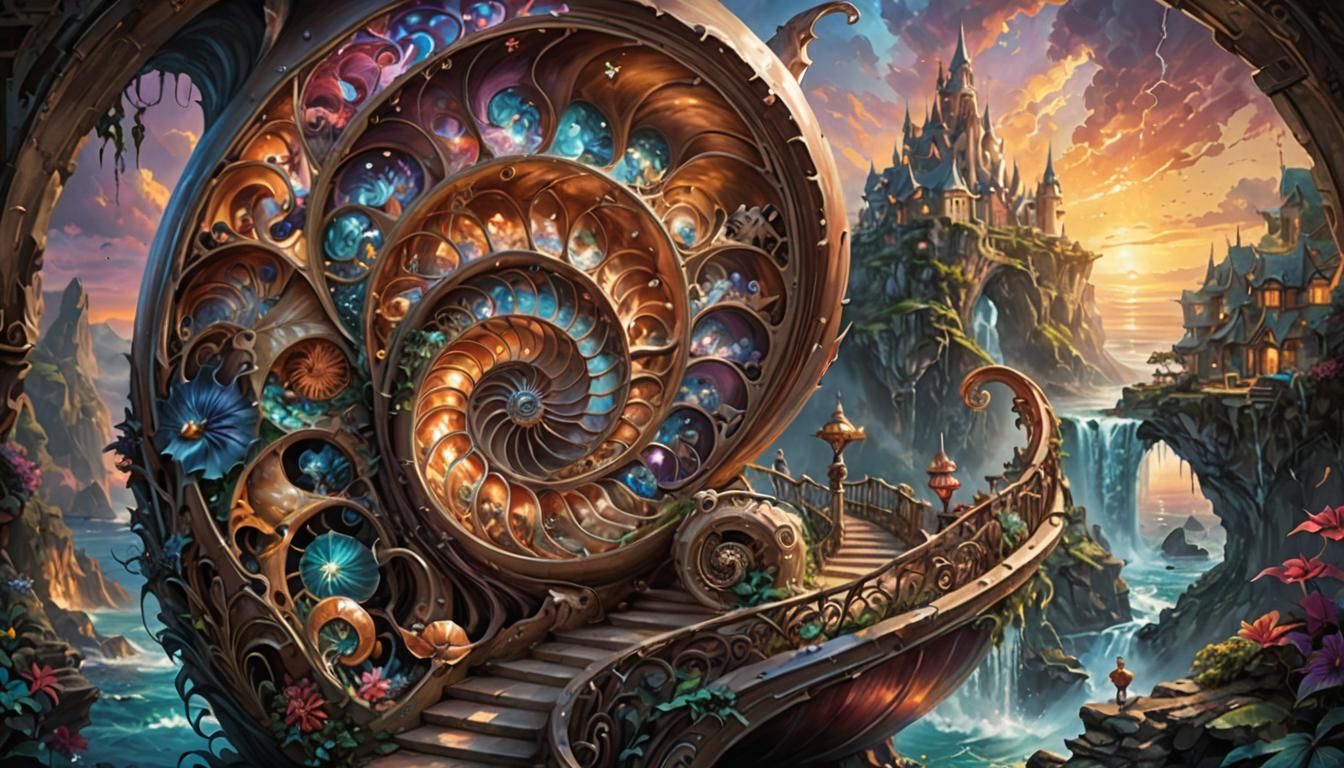 Fantasy Scenes Inside Nautilus Shell: Vibrant Colors