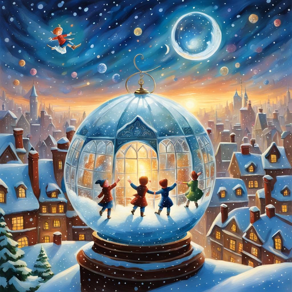 Whimsical Snow Globe Scene with Peter Pan Children