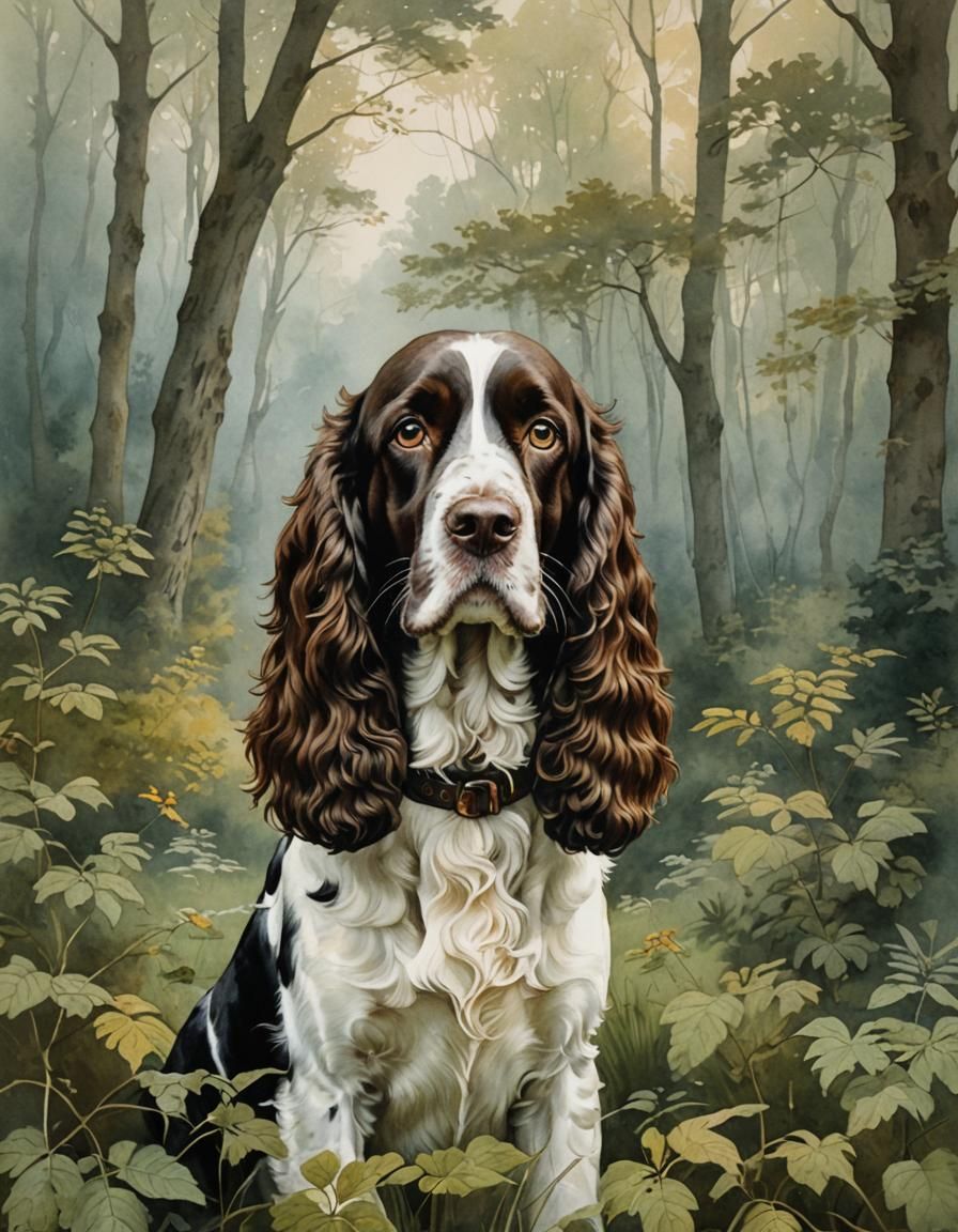 Ethereal English Springer Spaniel Portrait in Watercolor Sty...
