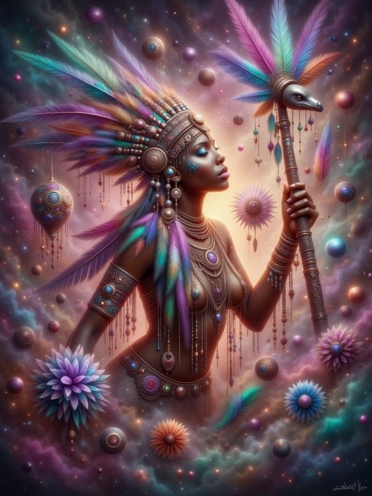 Woman in Elaborate Attire Posing Dramatically