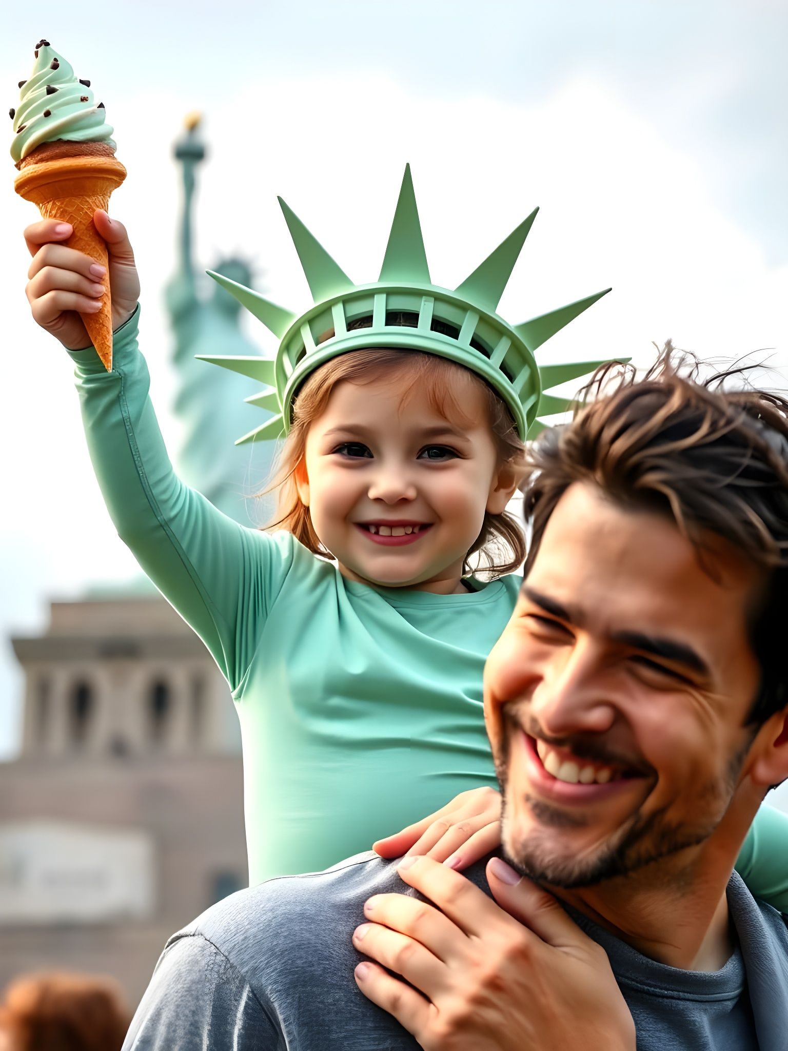 Father and Daughter at Statue of Liberty with Ice Cream