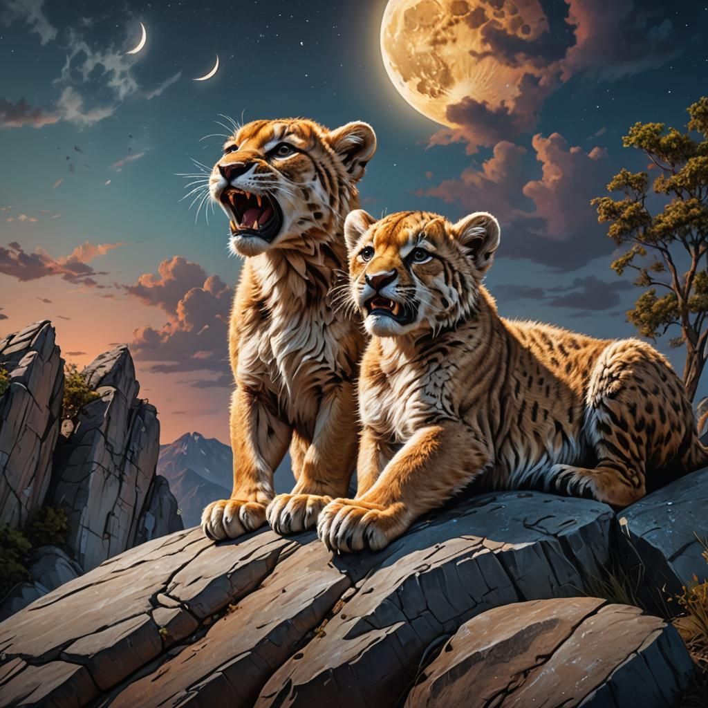 Sabertooth Cubs Under Moonlight: Hyperrealistic Concept Art
