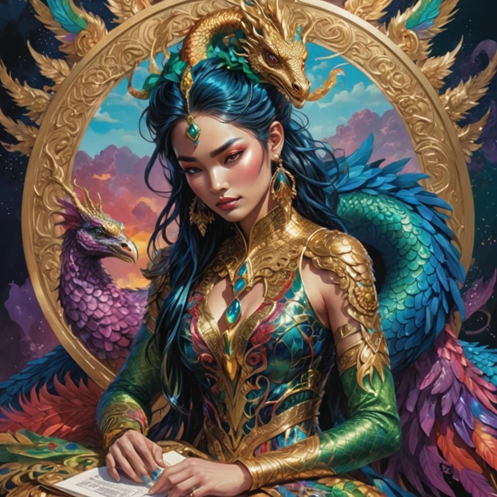 Woman Embraces Rainbow Dragon Serpent in Comic Art