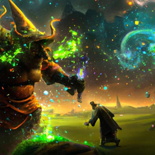 Wizard Battles Lava Man Under Starry Sky