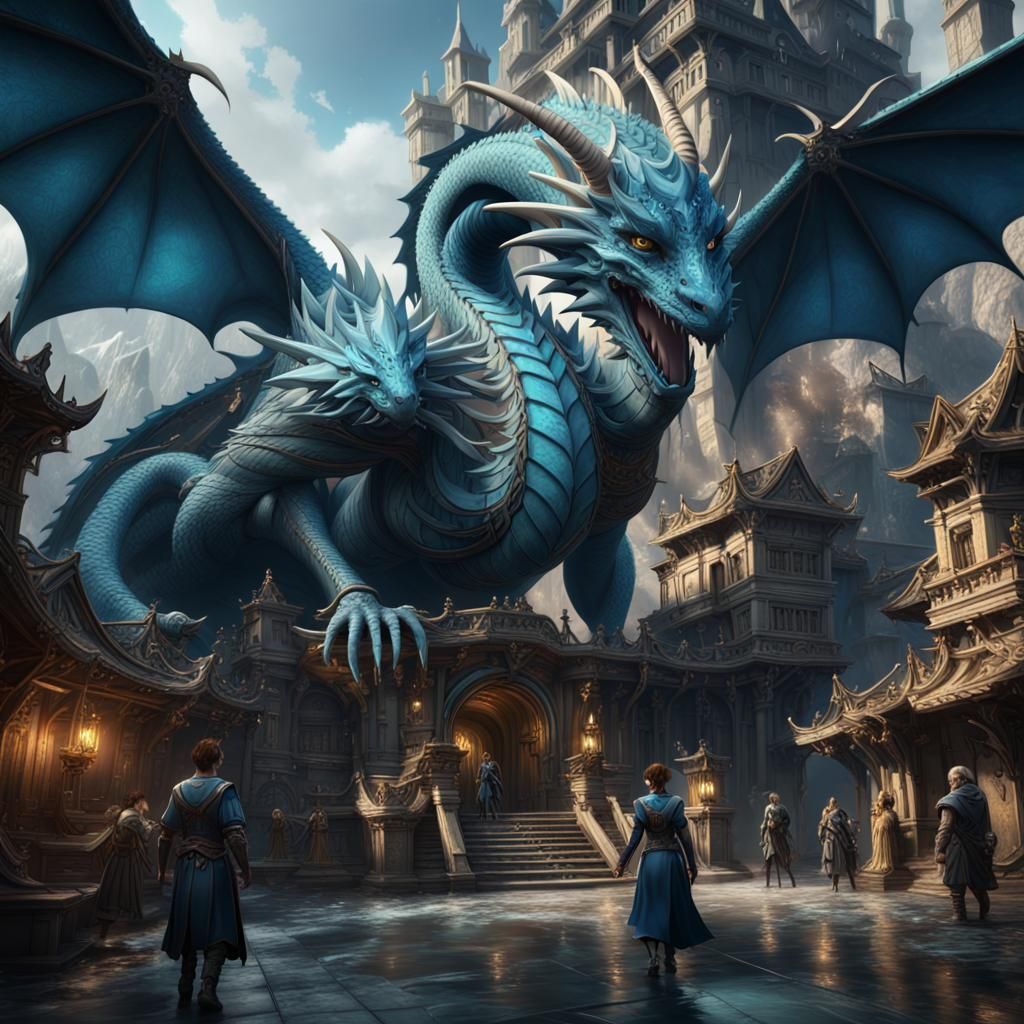 Blue Dragon Helping People: Detailed Fantasy Art