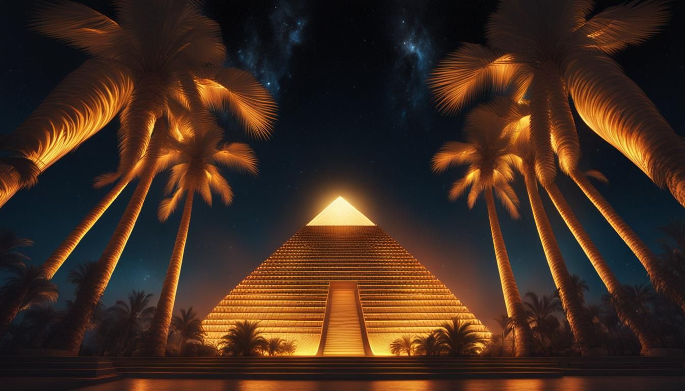 Glowing Gold Pyramid at Night Through Palm Trees