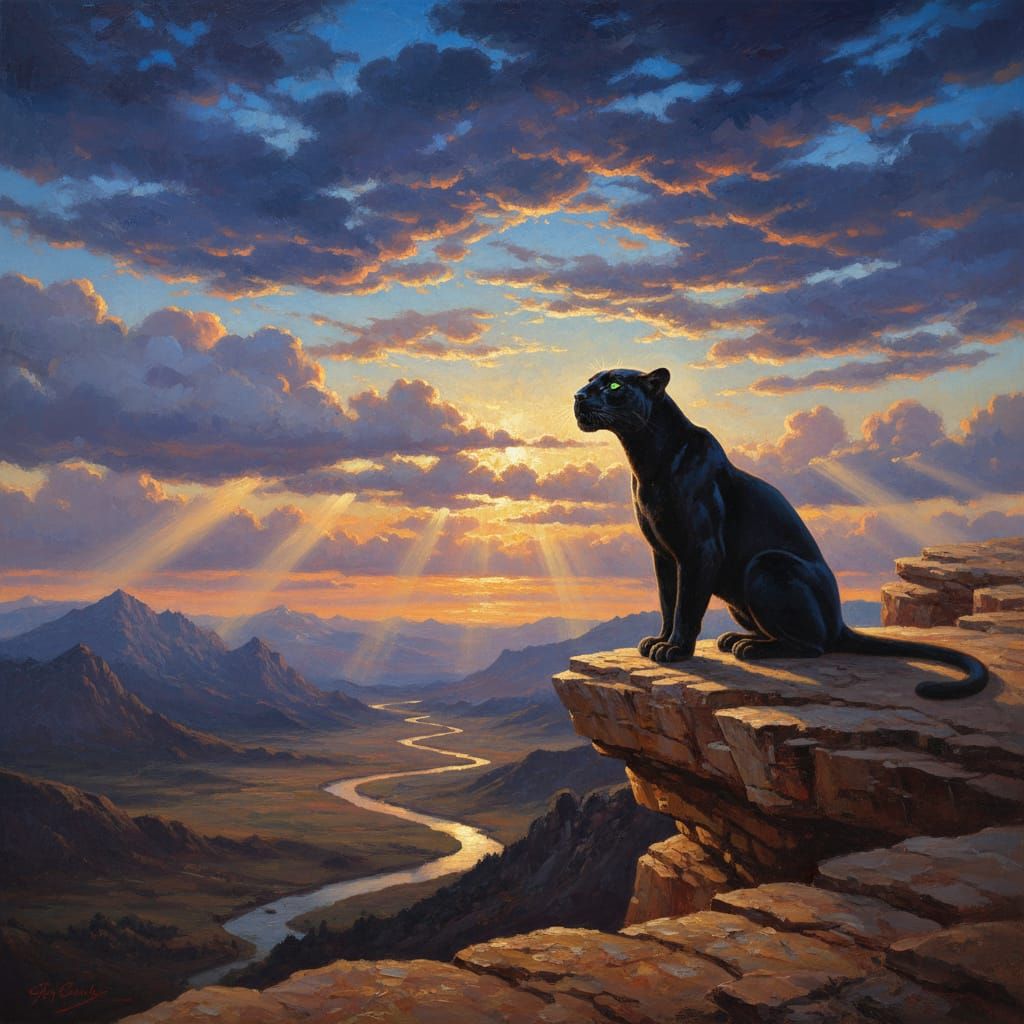 Black Panther Gazes at Vibrant Sky on Cliff Edge