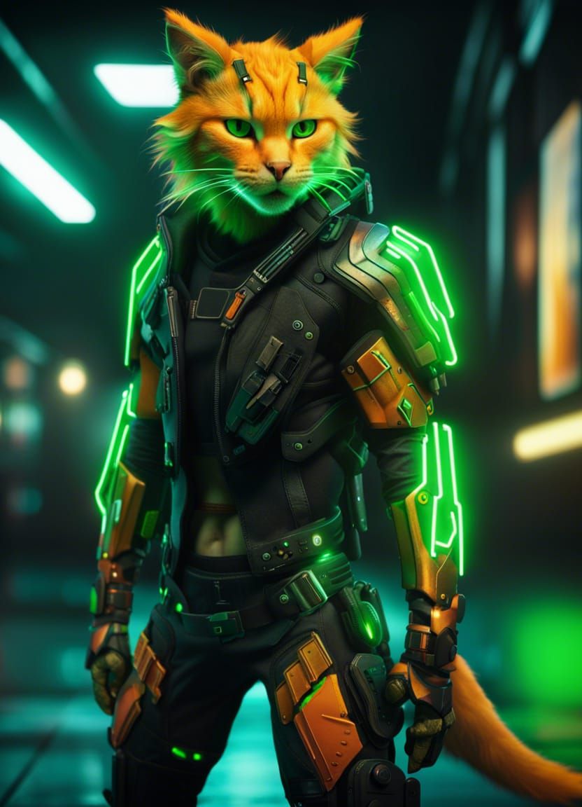 Cyberpunk Furry Cat Warrior with Neon Armor