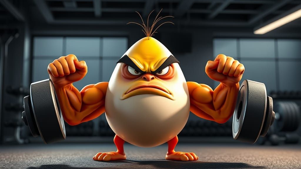 Angry Egg Lifts Weights in Gym, Pixar Animation Style