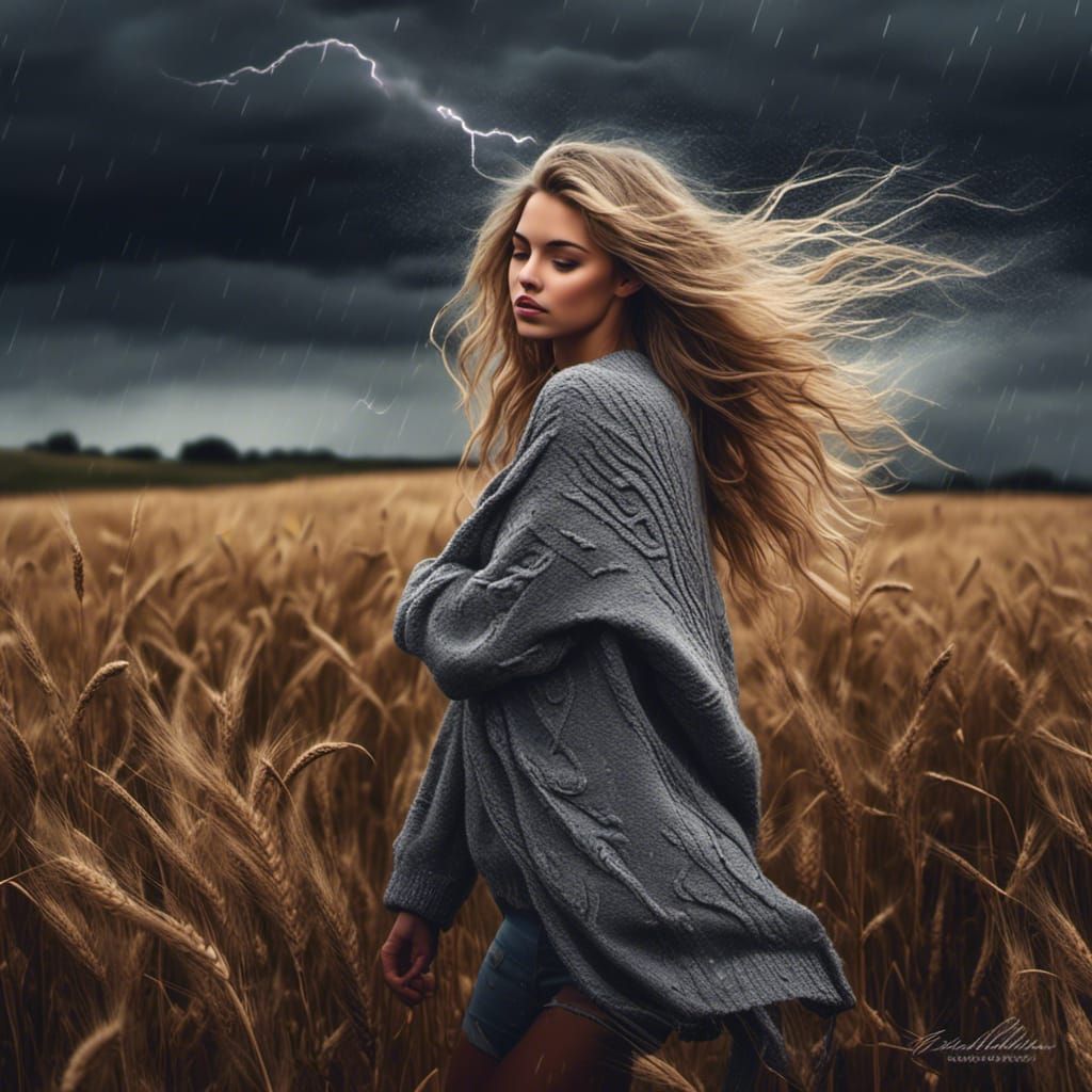 Blonde Girl in Wheat Field During Rainstorm