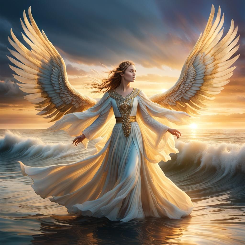 Angelic Woman Soaring Above Calm Seas