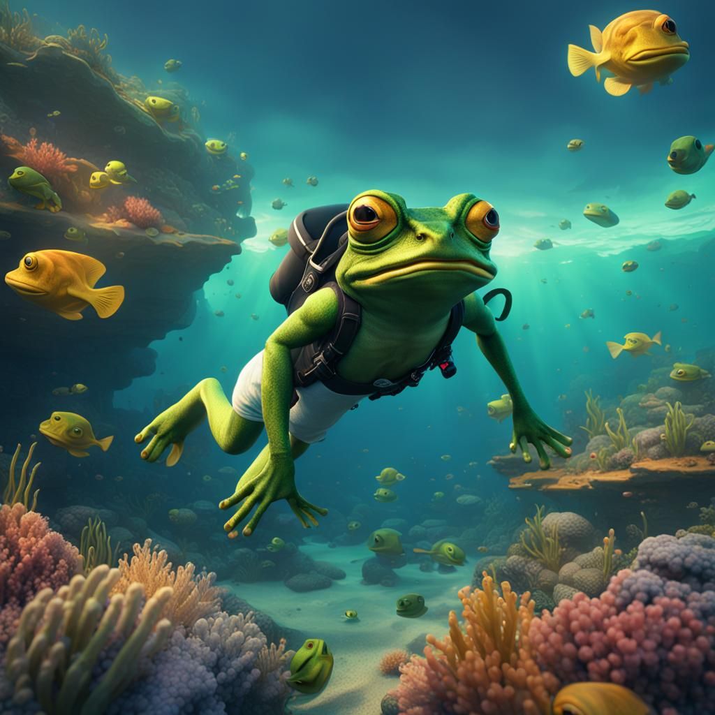 Pepe the Frog Diving: Detailed Matte Painting