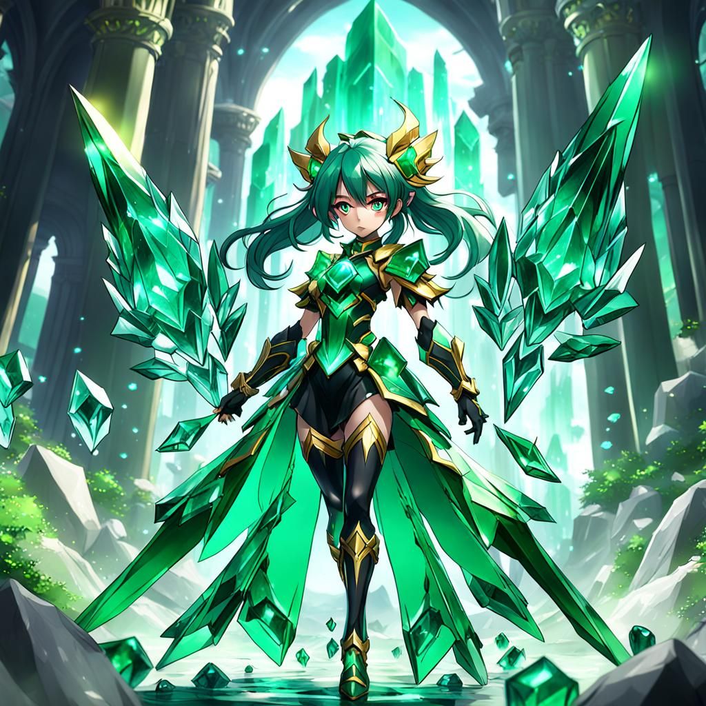 Anime Emerald Crystal Guardian Girl in Detailed Matte Painti...