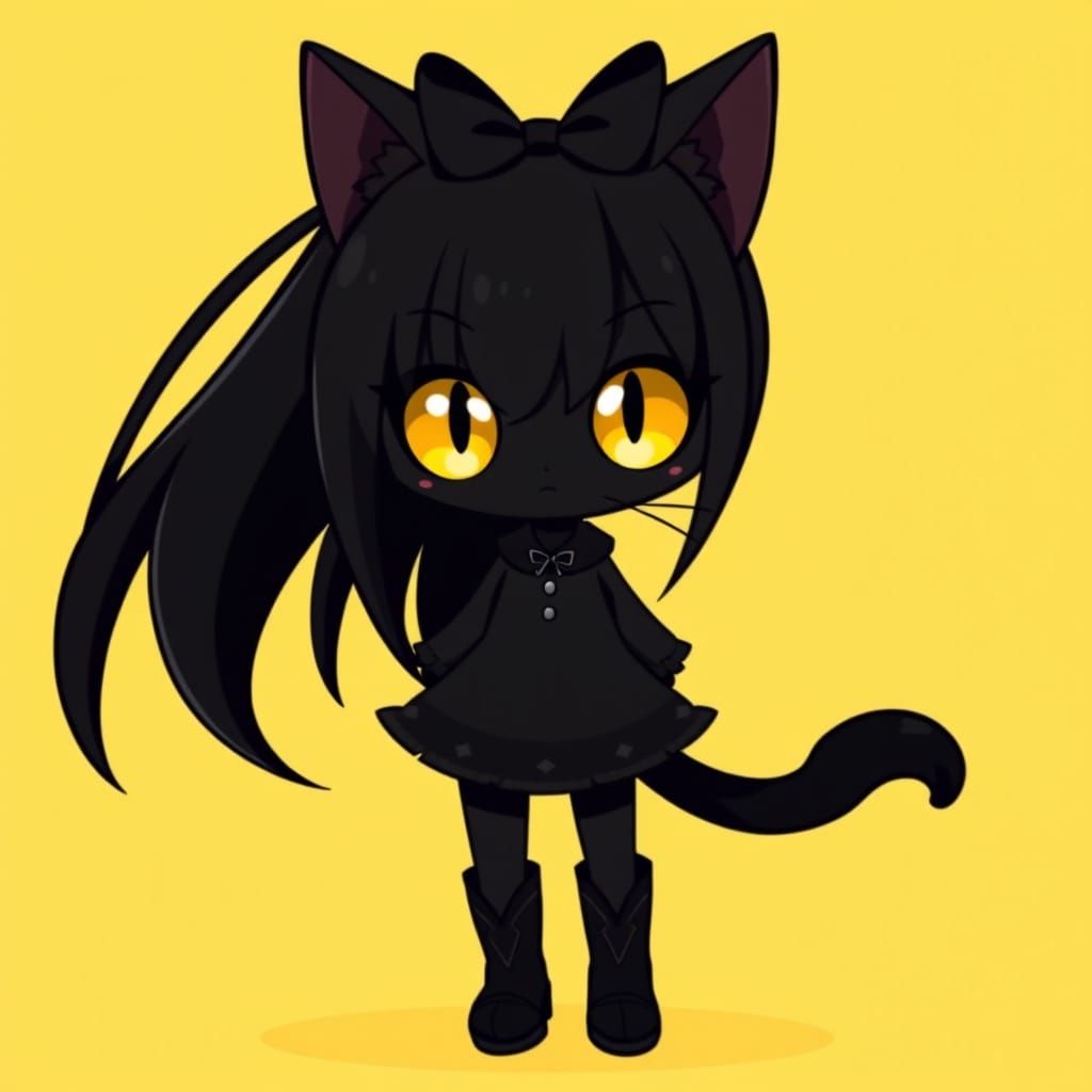 Adorable Anime Catgirl with Glowing Yellow Eyes in Cartoon S...