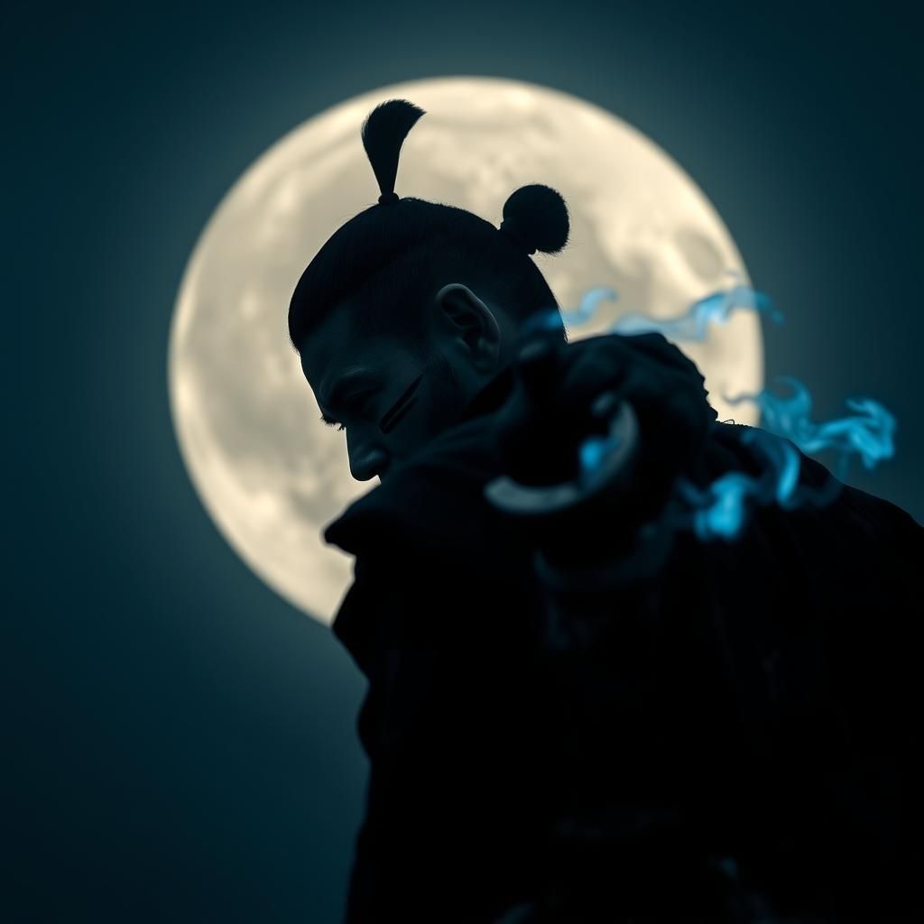 Moon Samurai with Blue Flames Portrait