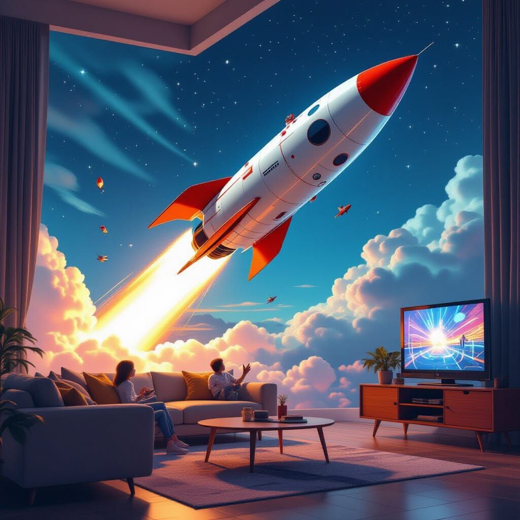 Surreal Rocket Hologram Launching in Living Room