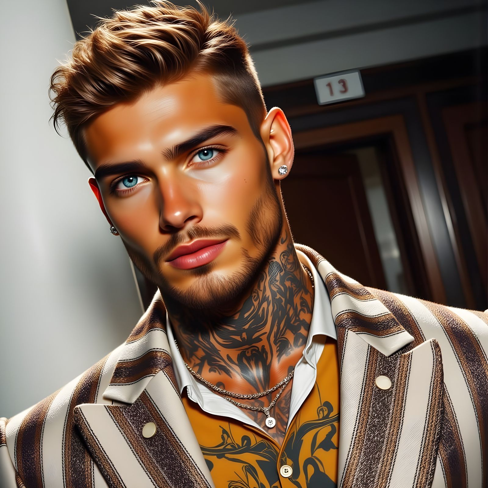 Handsome Man with Tattoos in Superrealistic Style