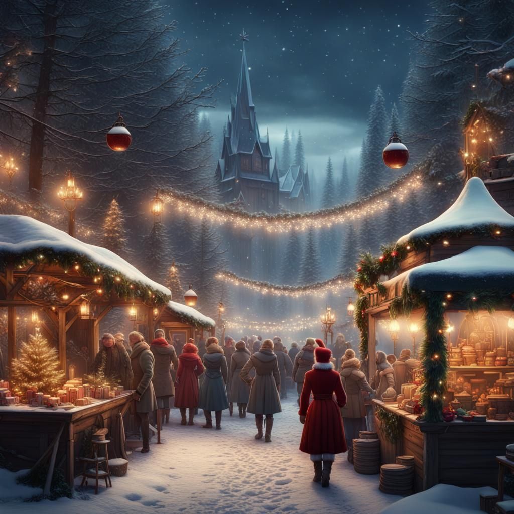 Nostalgic Christmas Market in Snowy Forest