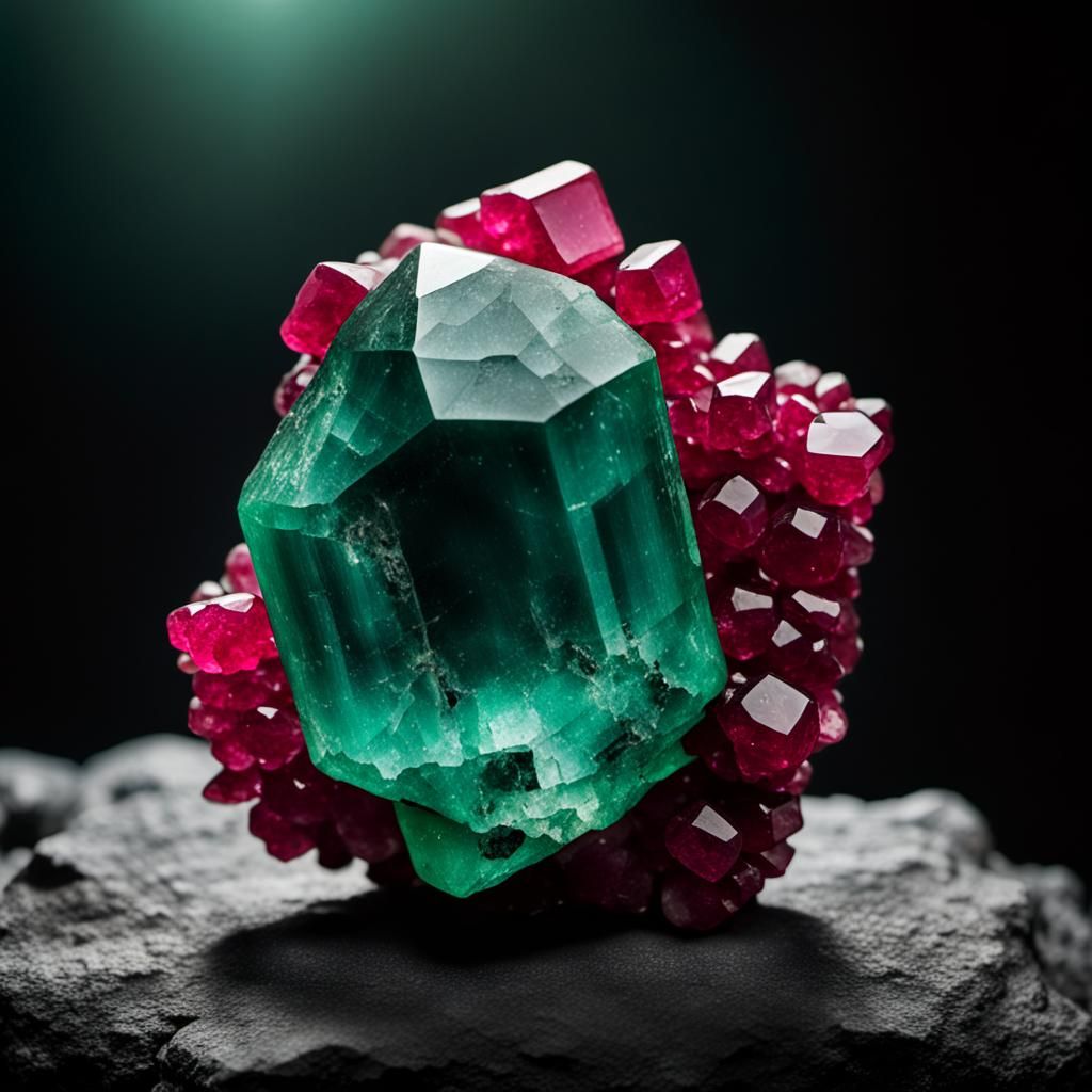 Uncut Emerald Gem Among Ruby Crystals