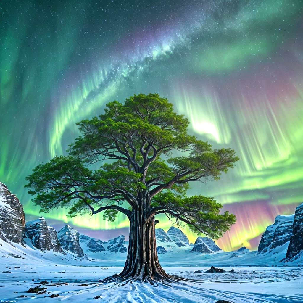 A giant tree with a mile wide trunk and bright green leaves ...