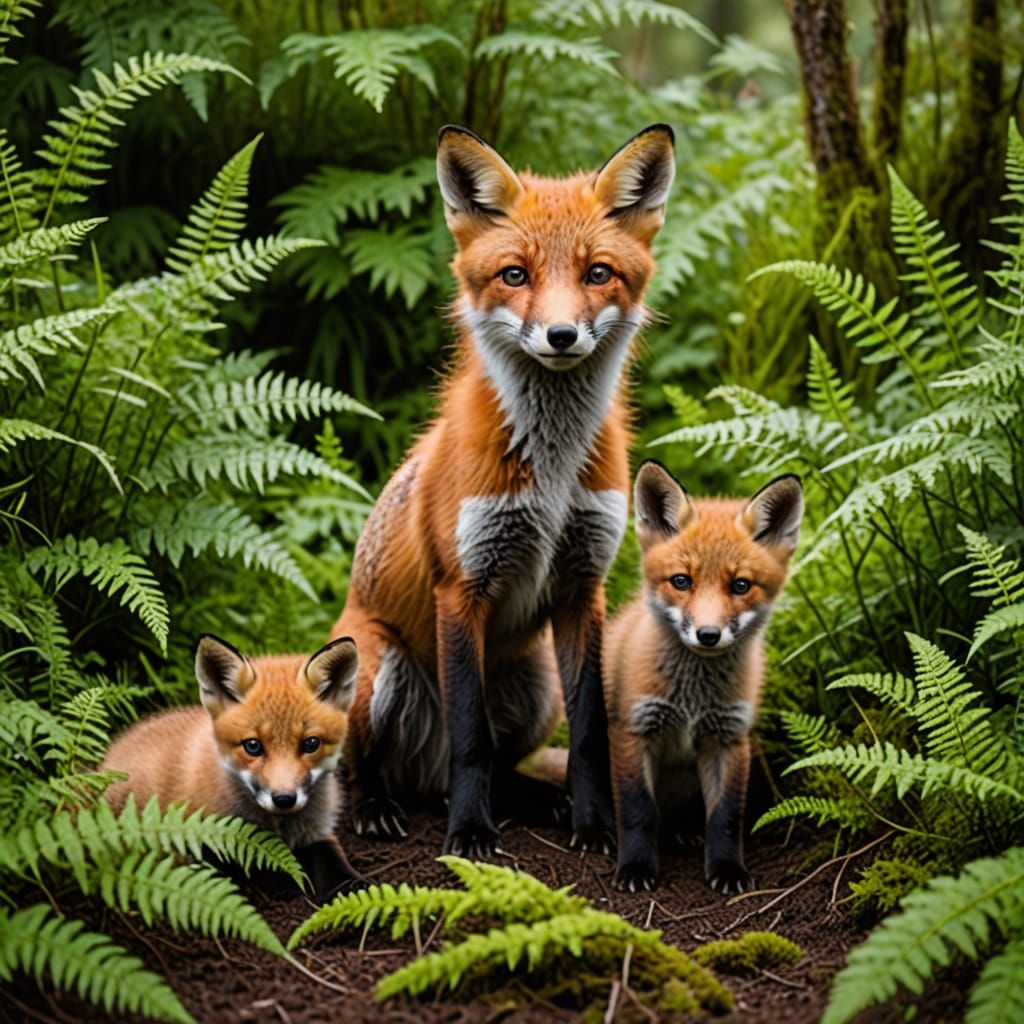 Fox Family Playing in Ferns and Heather