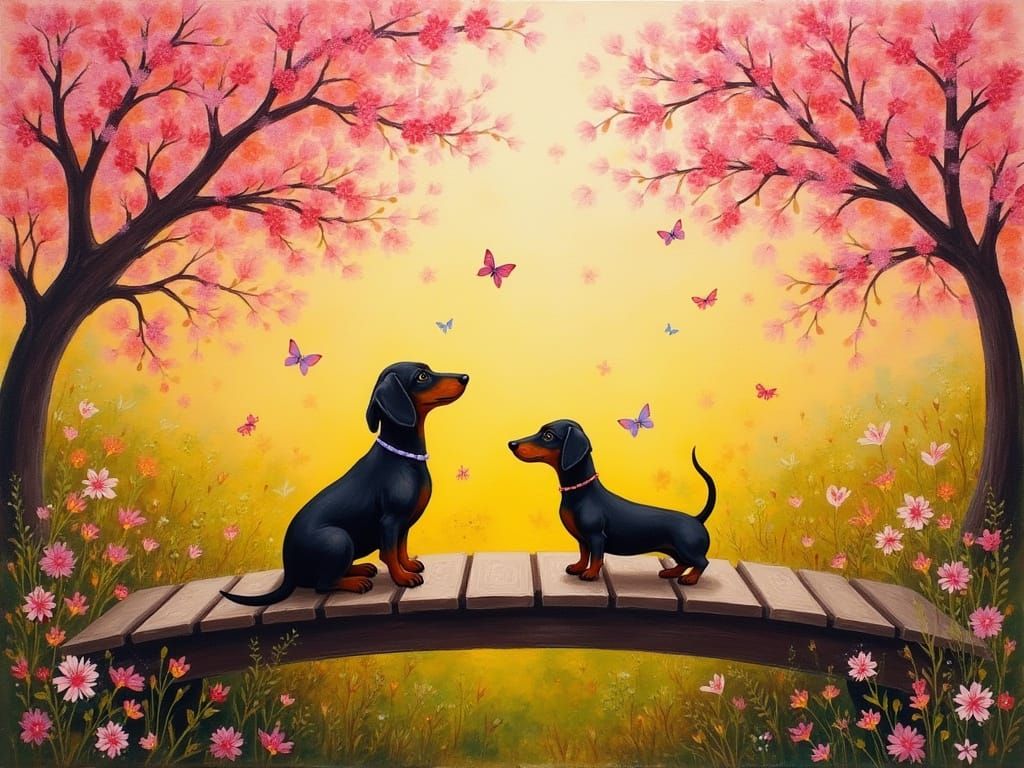 Vibrant Oil Painting of Dachshund in Whimsical Cherry Blosso...