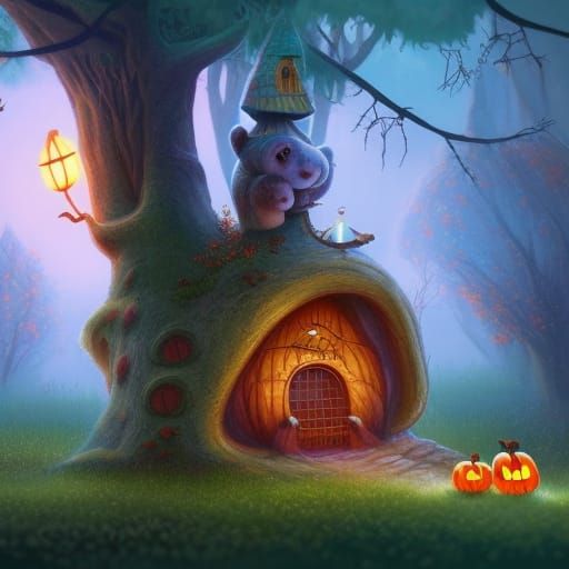 Cotton Candy Mushroom House with Bear in Halloween