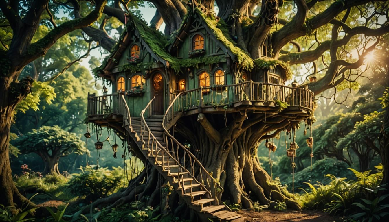 Enchanted Fairy Treehouse in Cinematic Forest
