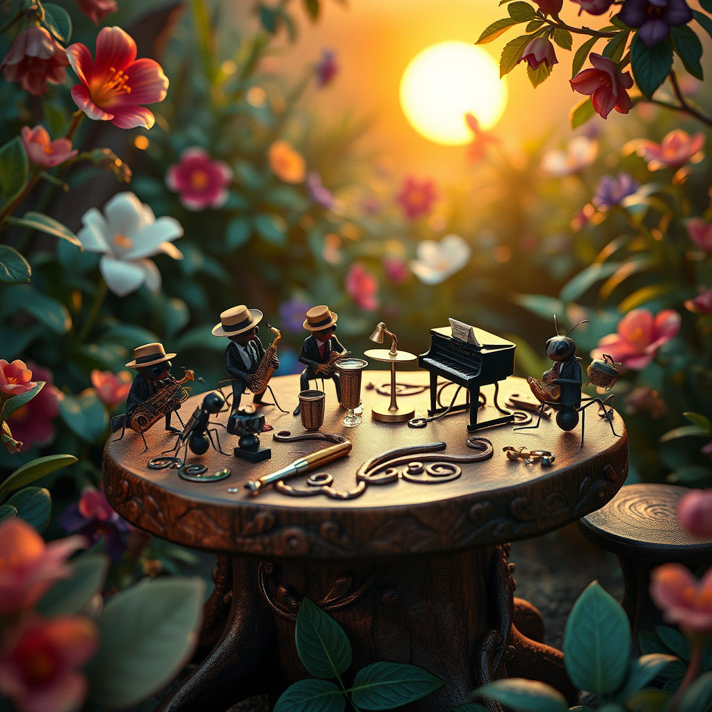 Ant Jazz Band in Whimsical Garden Setting