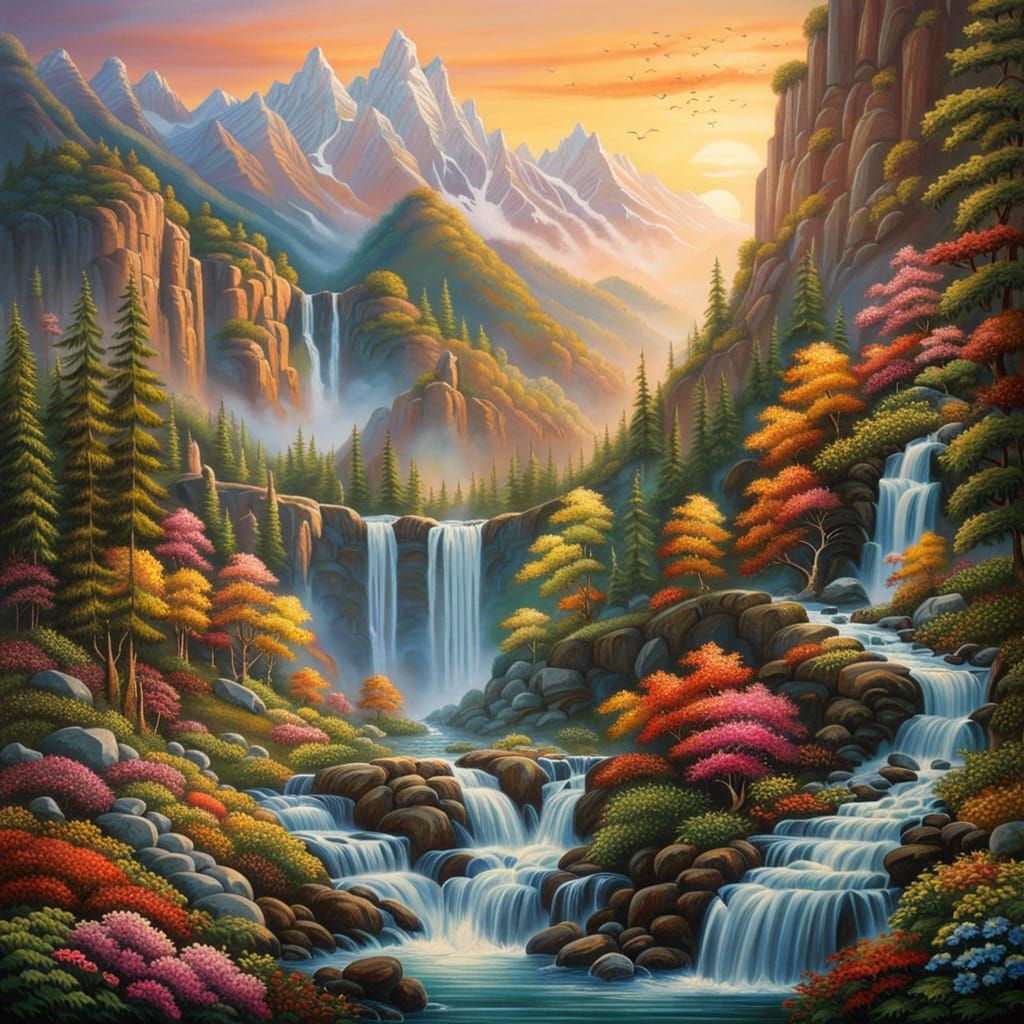 Whimsical Waterfall in Mountainous Fantasy Landscape