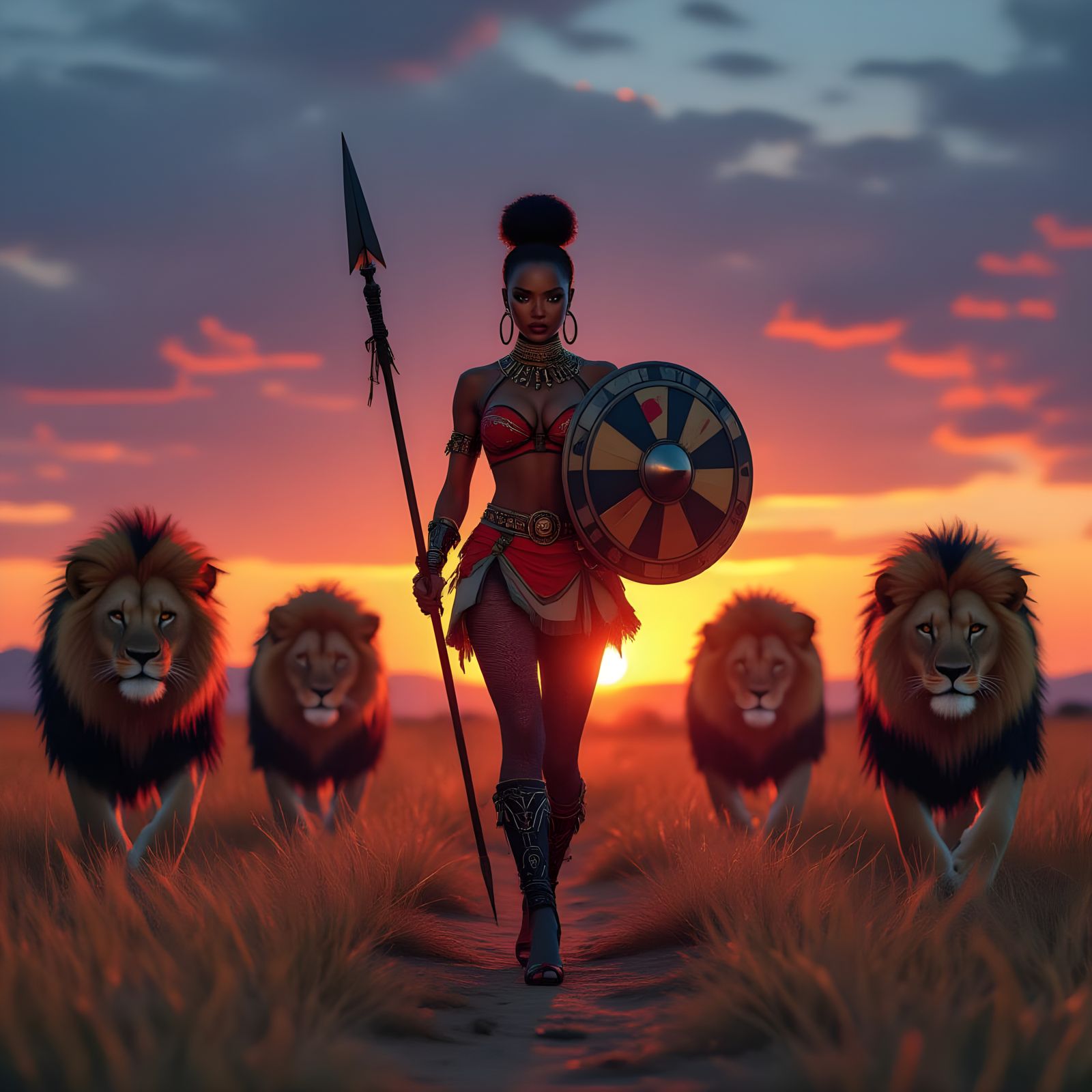 Zulu Warrior with Lions: Hyperrealistic Cinematic Concept Ar...