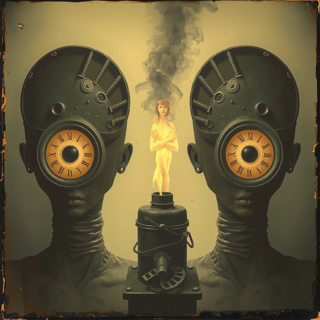 Surreal Female Factory Golem with Mud-Sealed Eyes